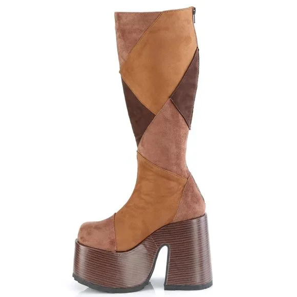 Platform Heel Patchwork Knee High Boots - Picture 3 of 5